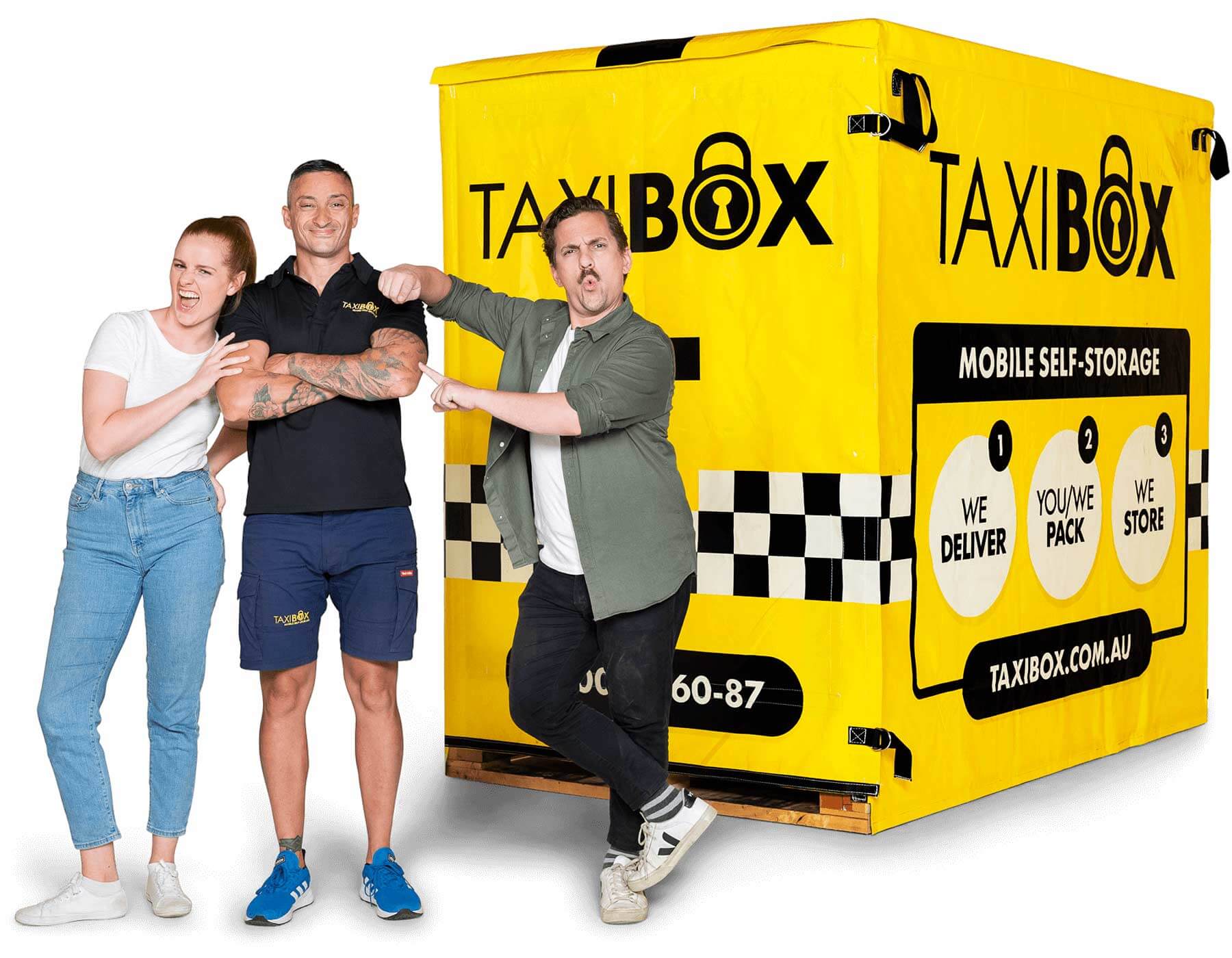 A Yellow TAXIBOX Mobile Storage Box Featuring TAXIBOX and Friends